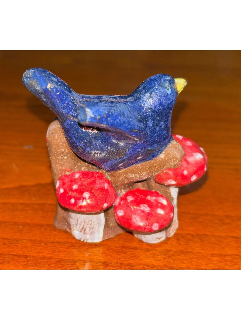 Handmade Folk Art Pottery Blue Bird on Red Mushrooms Figurine Redware